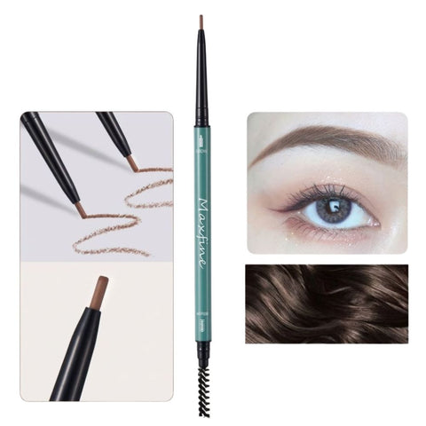 Maxfine Light Coffee Brown Brow Pencil 06-Eyebrow pencil with close-up of application on skin and eye.