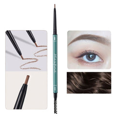 Maxfine Light Coffee Brown Brow Pencil 06-Eyebrow pencil with close-up of application on skin and eye.