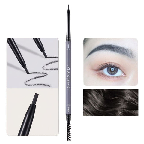 Maxfine Morandi Eyebrow Pencil 02 Cool Black- Eyebrow pencil with close-up examples of use on skin and eye. THE COSMETIC STORE NZ