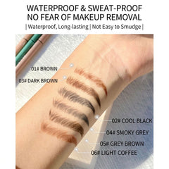 Makeup swatches on a wrist with text highlighting waterproof and sweat-proof properties. -Ultra fine brow makeup pencil close up-THE COSMETIC STORE NZ