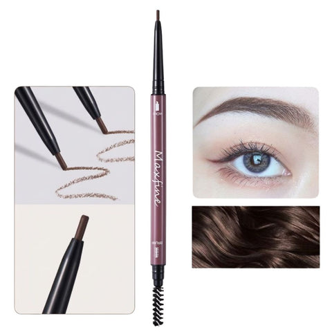 Eyebrow pencil with close-up shots of use on skin and eye.- Maxfine Morandi Eyebrow Pencil 01 Brown -THE COSMETIC STORE NZ