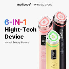 Three high-tech beauty devices with digital displays on a white background, branded as Medicube.
