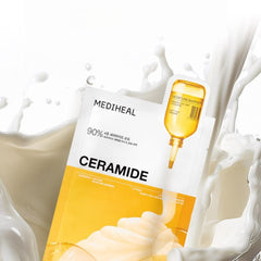 MEDIHEAL Ceramide 90% mask packet surrounded by a white milk splash, with a small golden-yellow serum dropper bottle graphic on the packaging.- Mediheal Ceramide Essential Mask Moisture Barrier 10pcs-The Cosmetic Store nz.
