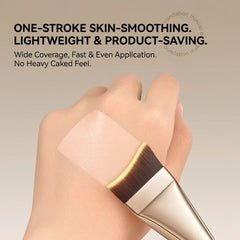 Makeup brush applying foundation with text highlighting features