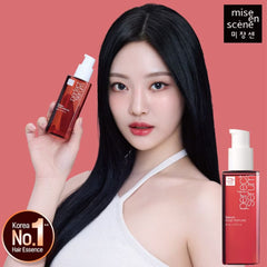 Model applying Mise En Scène Rose Perfume Hair Serum – glossy frizz-free results