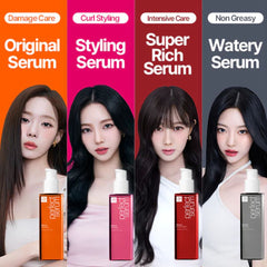 Four different serums with their respective names and colors, each paired with a model holding the serum bottle.