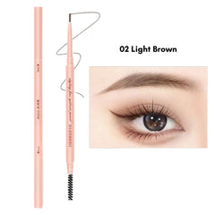 Mishiti Ultra-Fine Waterproof Eyebrow Pencil - 02 Light Brown- Brow pencil with an eye close-up showing application, labeled '02 Light Brown'.