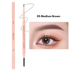 Mishiti Ultra-Fine Waterproof Eyebrow Pencil-Brow pencil with a close-up of an eye wearing the product, labeled '03 Medium Brown'.-THE COSMETIC STORE NZ