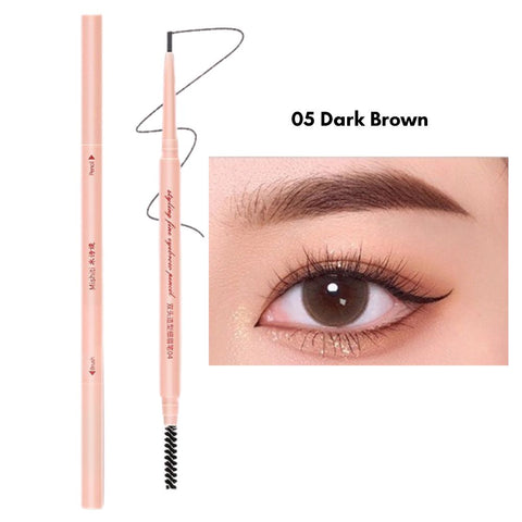 Mishiti Ultra-Fine Waterproof Eyebrow Pencil - 05 Dark Brown- Brow pencil with an eye close-up showing application 