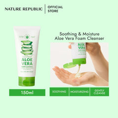 Nature Republic Aloe Vera foam cleanser with product packaging and usage demonstration on a green background.
