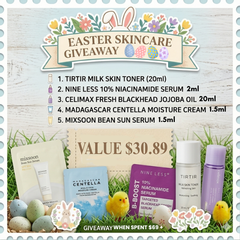 Easter skincare giveaway with products and promotional text on a decorative background.