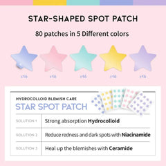 Star-shaped spot patches with color options and product details on a pink background