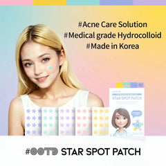 Advertisement for Star Spot Patch acne care solution with a model wearing patches and product packaging.