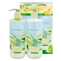A set of Neroli Off & Relax spa products including a pump bottle of shampoo, a treatment bottle, and their matching retail packaging box, all decorated with a green and yellow coastal landscape illustration at the cosmetic store