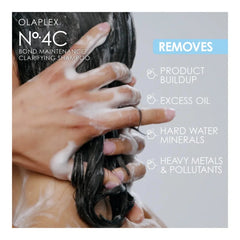 Olaplex No. 4C shampoo bottle with a hand massaging hair, showing product use.