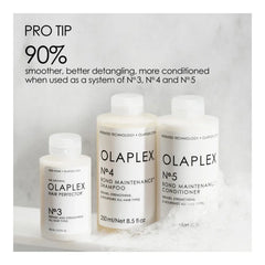 Olaplex hair care product set with bottles labeled No. 3, No. 4, and No. 5 on a light gray background.