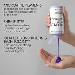 Olaplex hair product being dispensed into a hand with text about its benefits.