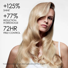 Woman with long, wavy blonde hair with text highlighting hair product benefits - OLAPLEX Ultimate Bond Repair Trio | No.4 Shampoo + No.5 Conditioner + No.7 Bonding Oil