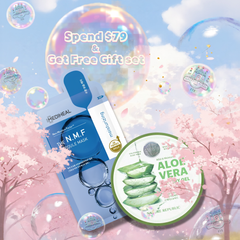 Promotional image of skincare products with cherry blossoms and bubbles, featuring Mediheal and The Face Shop.MAY Beauty Rewards FREE Aloe Glow Set with aloe vera gel and MEDIHEAL sheet mask-THYE COSMETIC STORE NZ