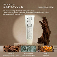 Peach Jo+ Sandalwood Hand Cream 50g | Fragrance Hand Cream NZ -THE COSMETIC STORE NZ-Tube of Peach & Co. product with sandalwood and natural elements on a neutral background