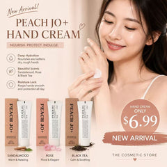 Advertisement for Peach Jo+ hand cream with a woman applying cream, product packaging, and pricing information.