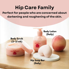 A set of pink skincare products labeled 'Hip Care Family' arranged on a wooden surface with text callouts: Body Scrub, Body Lotion, and Hip Soap Bar, alongside a peach. The image includes marketing text at the top describing skin care benefits.- Pelican Soap Attractive Hip Care Soap 80g | Butt Whitening & Scrub- The Cosmetic Store New Zealand