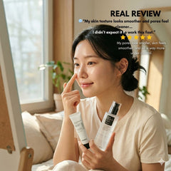 Pores & Oil Control Top Fave Set | Retinol & BHA Duo-Real review -THE COSMETIC STORE-Woman holding skincare products with positive review text overlay