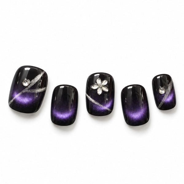 Press On Nails Purple Cat Eye Galaxy Gel Nails | Short Square