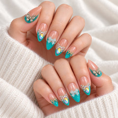 Press-on Nail | Y2K Turquoise French V-Tip Style | Almond Shape-THE COSMETIC STORE NZ