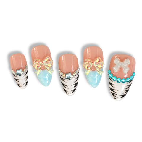 Press-on Nail | Y2K Turquoise French V-Tip Style | Almond Shape-THE COSMETIC STORE NZ