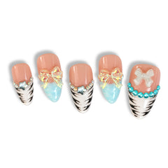 Press-on Nail | Y2K Turquoise French V-Tip Style | Almond Shape-THE COSMETIC STORE NZ