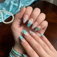 Press-on Nail | Y2K Turquoise French V-Tip Style | Almond Shape-THE COSMETIC STORE NZ