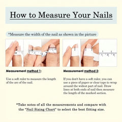 Instructional graphic titled 'How to Measure Your Nails' with two labeled measurement methods showing hands using a small nail gauge and ruler, plus text instructions and a note to compare with a nail sizing chart.