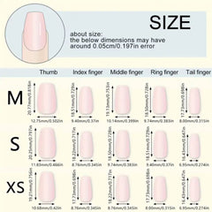 Nail size measurement chart showing dimensions for different finger sizes (Thumb, Index finger, Middle finger, Ring finger, Tail finger) in sizes M, S, and XS, with a size reference circle at the top indicating approximately 0.05cm/0.