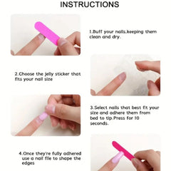 Instructional graphic with six panels showing how to apply and shape press-on nails. The steps include buffing nails clean and dry, choosing a jelly sticker that fits the nail size, selecting and adhering the nails, and using a pink nail file to shape the edges.