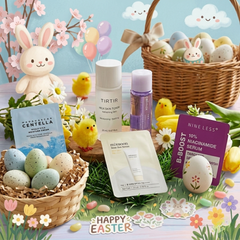 Easter-themed skincare products with a bunny, eggs, and basket on a colorful background.Mini Beauty & Trial Size Shop | Samples & Sachets