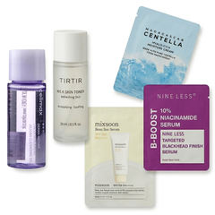 Collection of skincare products including bottles and packets Mini Beauty & Trial Size Shop | Samples & Sachets