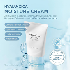 Hyalu-Cica Moisture Cream packaging with ingredients listed on a blue background