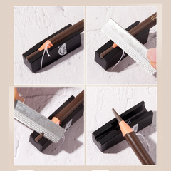 Step-by-step process of using a pencil sharpener - HENGSI PROFESSIONAL EYEBROW PENCIL SHAPER TOOL- FLAT TIP BROW STYLING MOLD