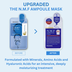 Comparison of N.M.F Ampoule Mask packaging before and after upgrade MEDIHEAL NMF ampoule mask packaging front view skincare product

