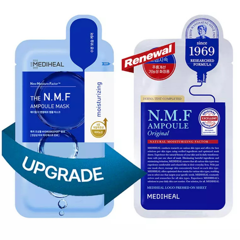 Two Mediheal N.M.F Ampoule Mask packages with a 'Renewal' label and an 'Upgrade' arrow. -MEDIHEAL NMF mask hyaluronic acid moisture sheet mask pack Korea skincare