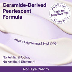 Eye cream packaging with 'numbuzin' branding, describing a ceramide-derived pearlescent formula for instant brightening and hydrating.