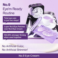 Advertisement for No.9 Eye Cream with eye patches, cream, numbuzin No.9 NAD+ Retinol Volumetox Eye Cream-Filler for Youthful-THE COSMETIC STORE NZ.