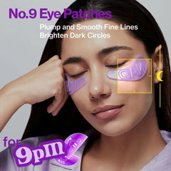 Woman wearing numbuzin No.9+ NAD+ Collagen Under Eye Patches with text about product benefits on a gray background