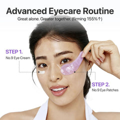 Woman applying eye patches with text on an advanced eyecare routine.