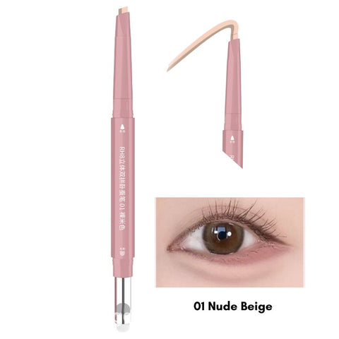 Eyebrow pencil with a close-up of an eye wearing the product, labeled '01 Nude Beige'.
