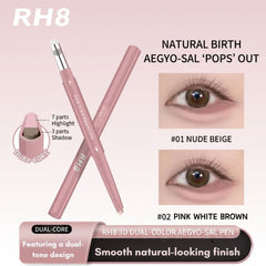 Pink eye pencil with dual-tone design, labeled '#01 Nude Beige' and '#02 Pink Beige Brown', on a pink background.