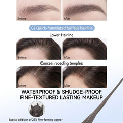 Before and after comparison of hairline and temples with waterproof and smudge-proof makeup.