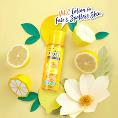 A bottle of Vit.C Lotion by Kao is displayed in a creative flat-lay composition with paper-cut lemon slices, green leaves, and a white magnolia flower on a pale yellow background.-ROHTO Melano CC Brightening Lotion Rich Moist Vitamin C Toner 170ml-THE COSMETIC STORE NZ
