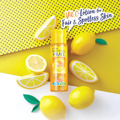 A bottle of Vit.C Lotion for Fair & Spotless Skin by NaraCC, styled with lemons on a bright yellow and white background.- ROHTO Melano CC Brightening Lotion Rich Moist Vitamin C Toner 170ml-THE COSMETIC STORE NZ